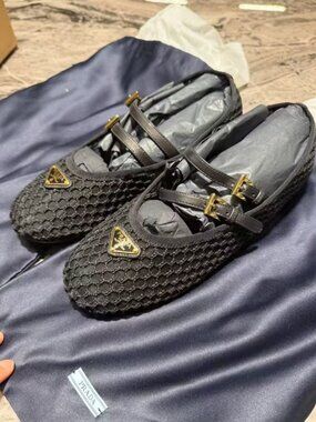 Prada Black Mesh Double‑Strap Mary Jane Flat Ballet Shoes